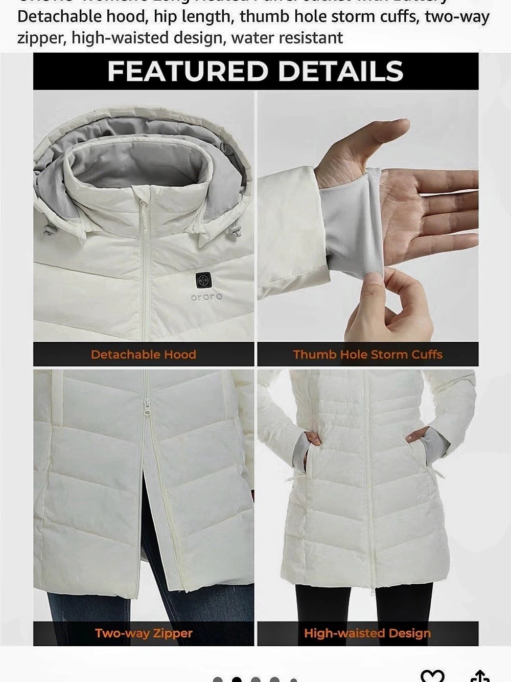 Brand new, never worn. ORORO Women's Heated Puffer Jacket White Smal(runs large)